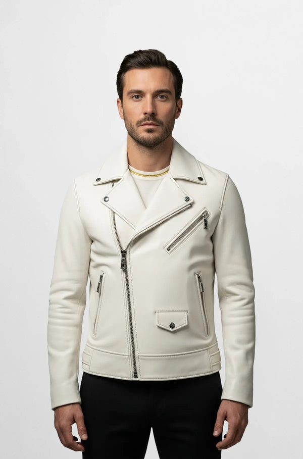 Arctic Rebellion White Leather Biker Jacket