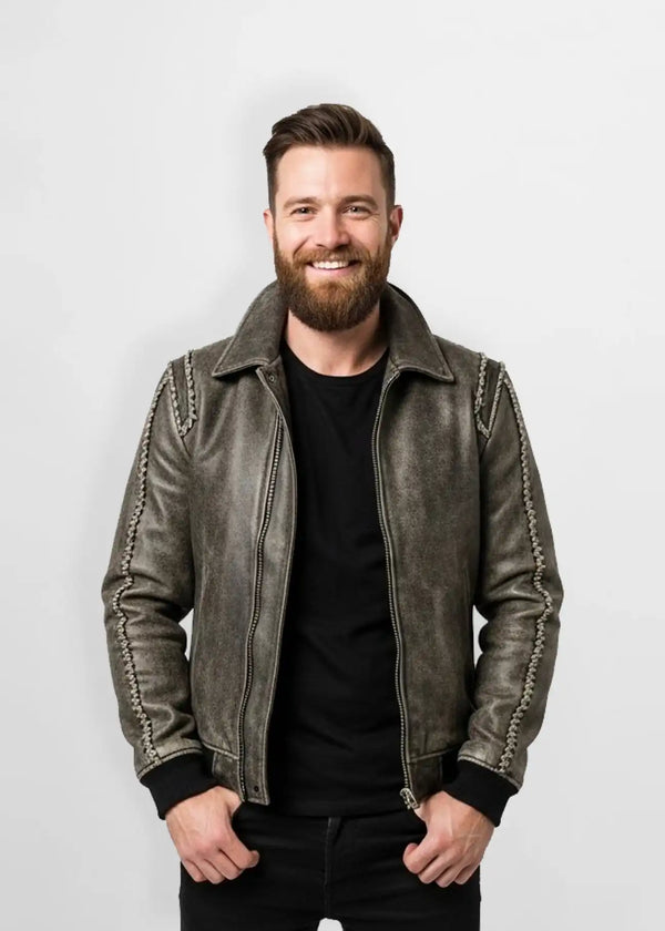 Ash Grey Distressed Leather Bomber Jacket Front view
