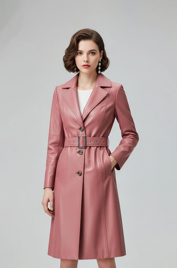 Baby Pink Leather Trench Coat Front view