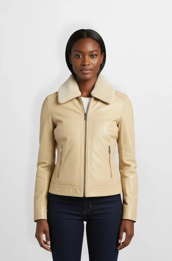 Beige Leather Aviator Jacket for Women