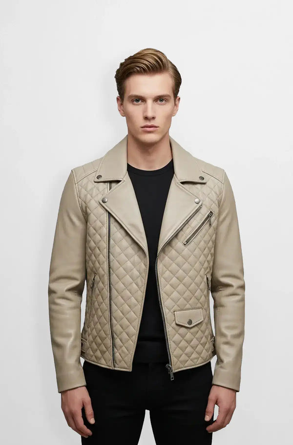 Beige Quilted Leather Moto Jacket Front view