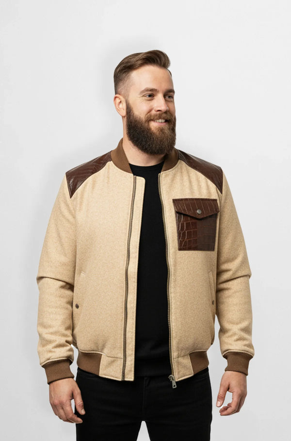 Beige Sand Crocodile Wool Leather Bomber Jacket Front view