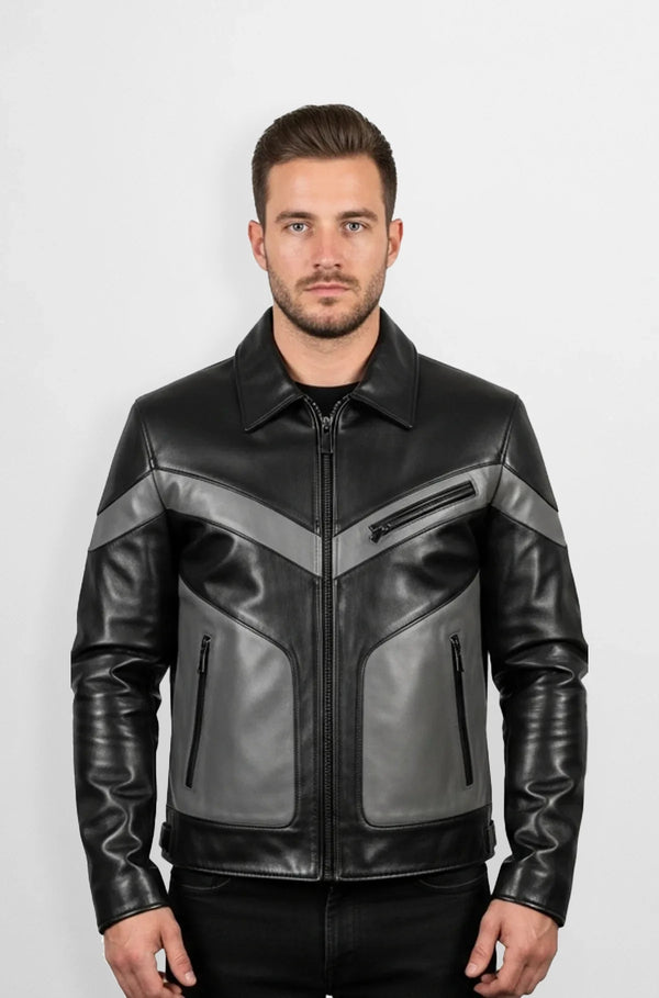 Black And Charcoal Grey Leather Biker Jacket Front view