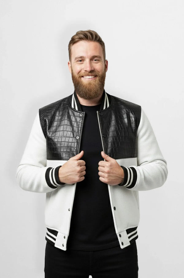 Black & White Crocodile Leather Suede Varsity Jacket Front view