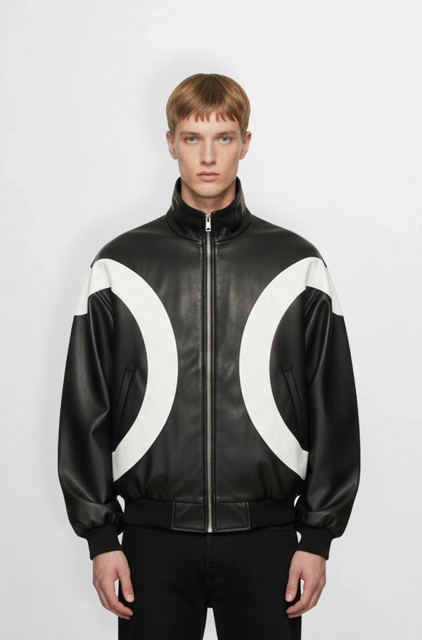 Black & White Retro Leather Bomber Jacket Front view