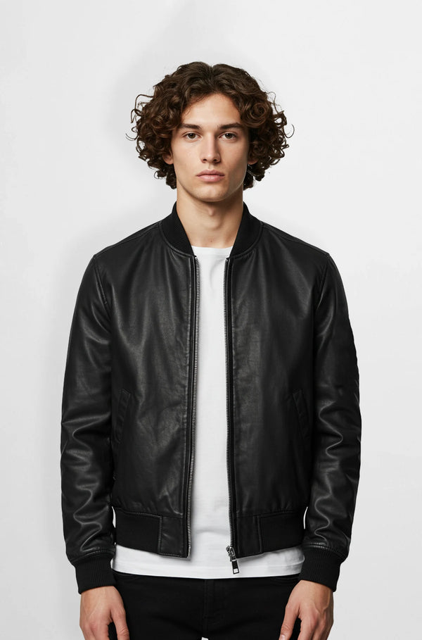 Black Bomber Leather Jacket front view