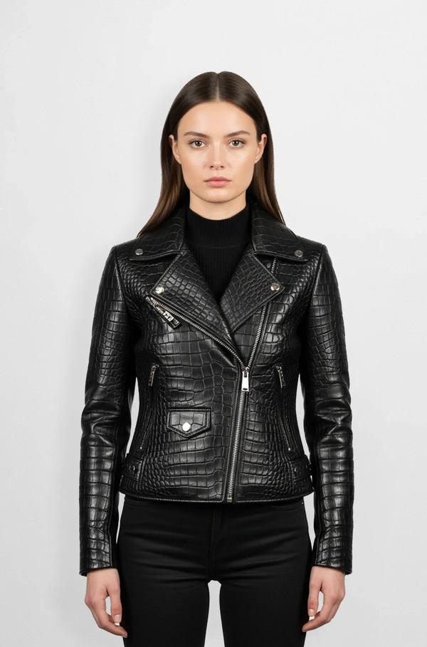 Black Crocodile women Biker Jacket