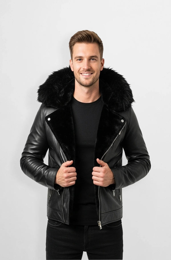 Black Fur Hooded Biker Leather Jacket