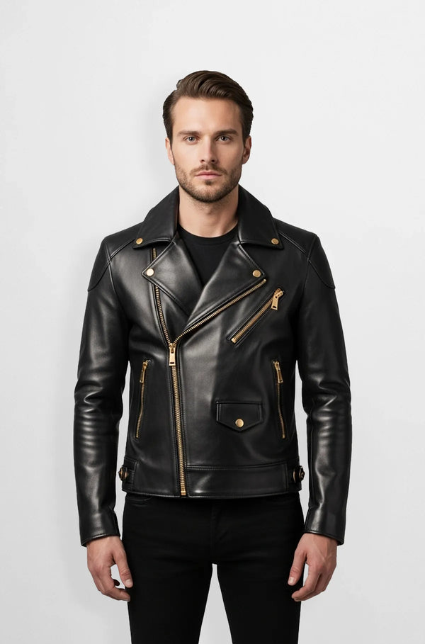 Black Gold Hardware Leather Biker Jacket Front view