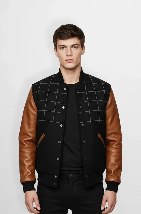 Black Grid Wool Leather Varsity Jacket Front view