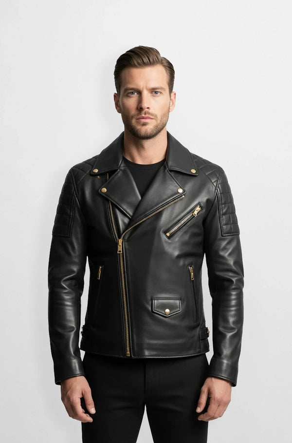 Black Quilted Leather Biker Jacket Front view