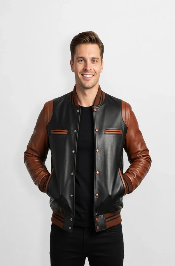 Black and Sand Brown Leather Bomber Jacket for Men