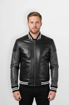 Black with White Stripes Two Tone Leather Bomber Jacket