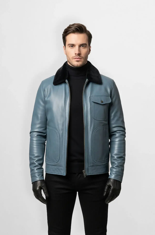 Blue Steel Leather Bomber Jacket Front view