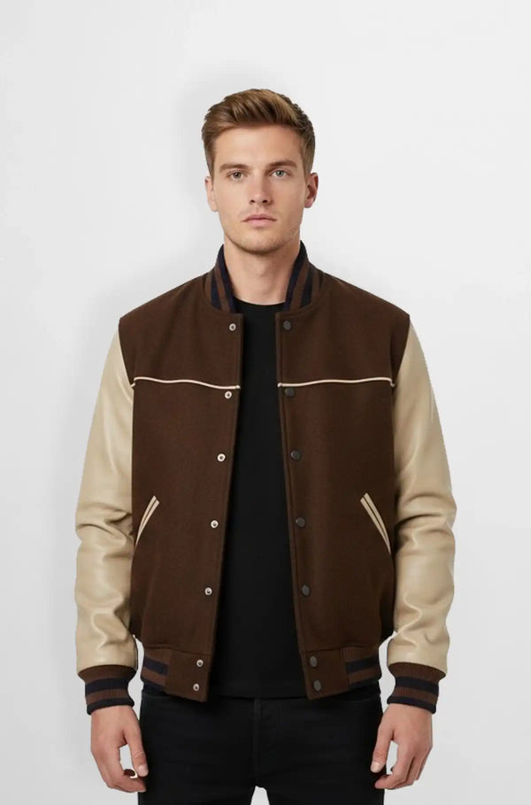 Brown & Beige Wool Leather Varsity Jacket Front view