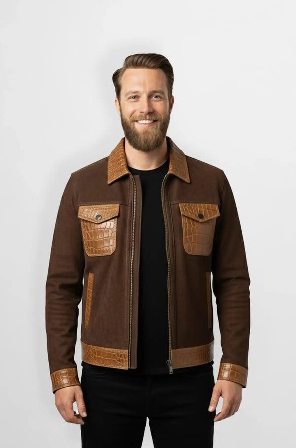 Brown Crocodile Leather Wool Trucker Jacket Front view