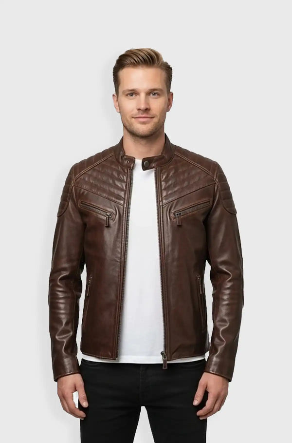 Brown Leather Biker Jacket front view