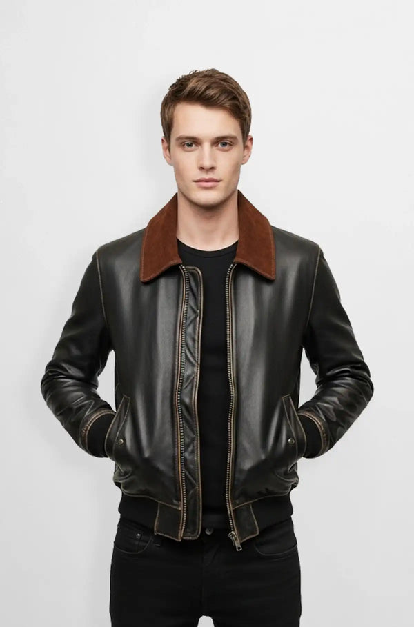 Brown Leather Bomber Jacket with Suede Collar