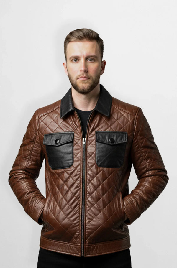 Brown Quilted Leather Trucker Jacket Front view