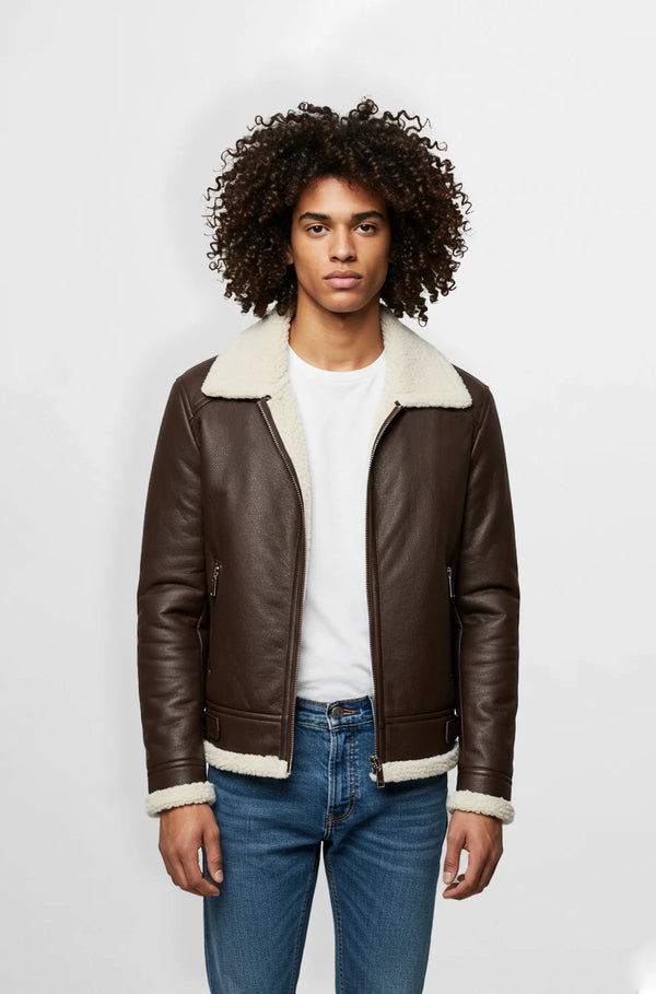 Plain brown Shearling Aviator Jacket for men front view