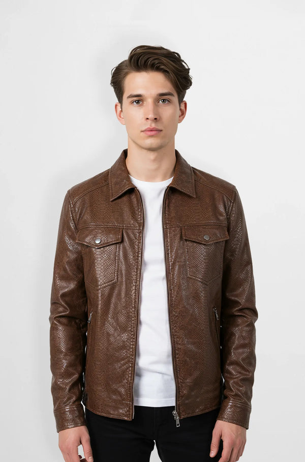Brown mocha Snakeskin Leather Jacket front view