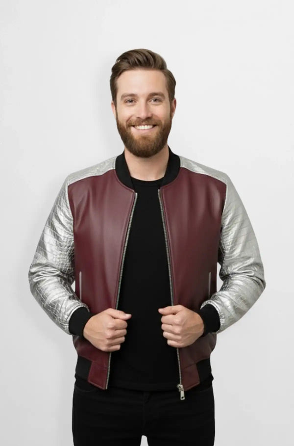 Burgundy & Grey Crocodile Leather Bomber Jacket Front view