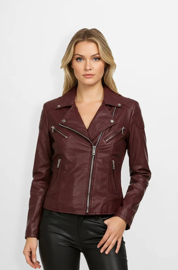 Burgundy Biker Leather Jacket Front view