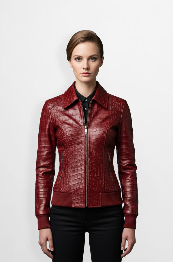Burgundy Crocodile Embossed Leather Bomber Jacket For Women