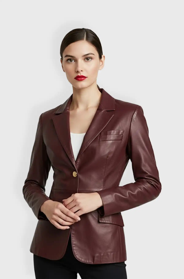 Burgundy Leather Blazer for Women