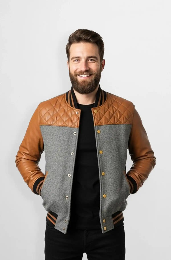 Camel Brown Quilted Leather Wool Varsity Jacket Front viewCamel Brown Quilted Leather Wool Varsity Jacket