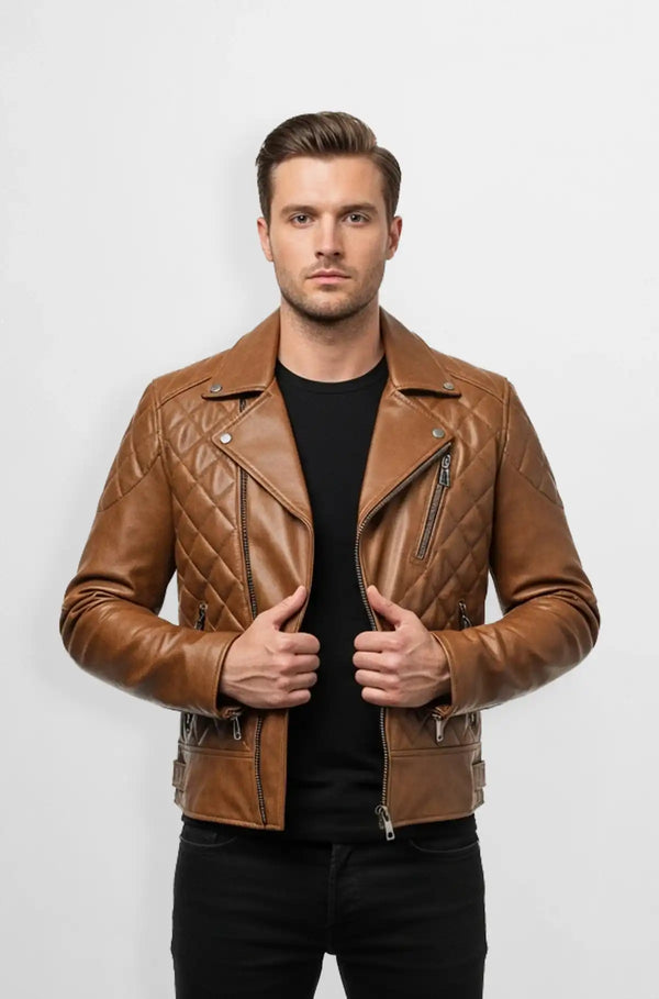 Caramel Diamond Quilted Biker jacket front view