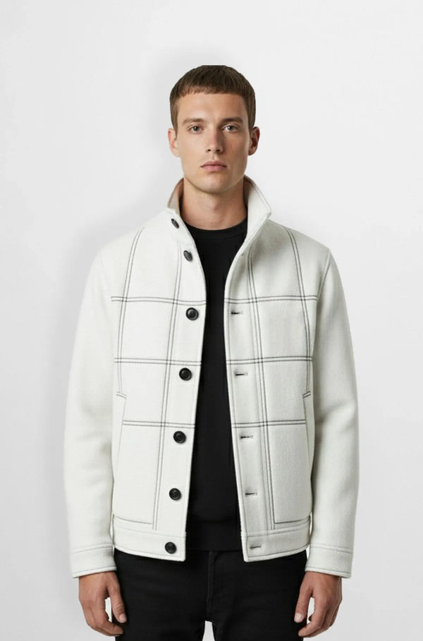 Checkered White Wool Bomber Jacket Front view