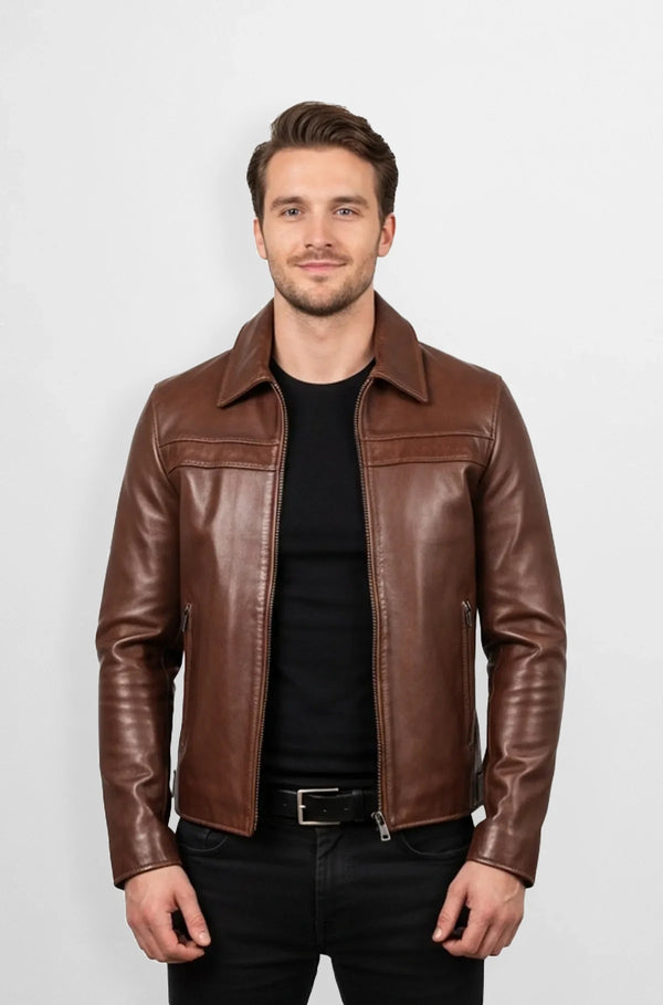 Chestnut Brown Moto Leather Jacket Front view
