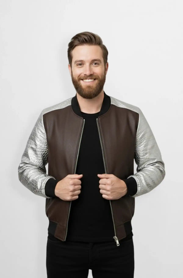 Chocolate Brown Crocodile Leather Bomber Jacket Front view