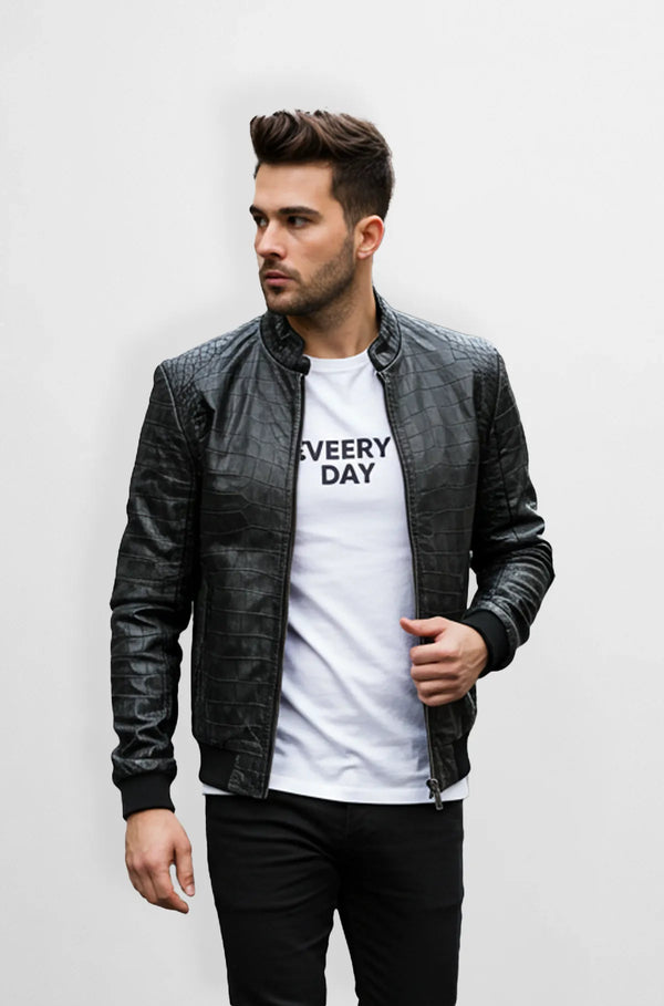 Classic Black Crocodile Leather Bomber Jacket Front view