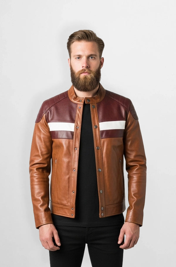 Classic Brown & Burgundy Leather Biker Jacket Front view