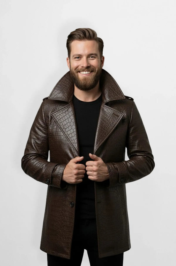 Classic Brown Crocodile Pattern Leather Trench Coat