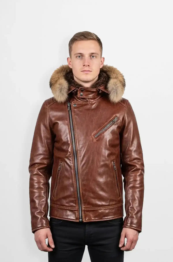 Classic Brown Shearling Fur Hooded Leather Jacket