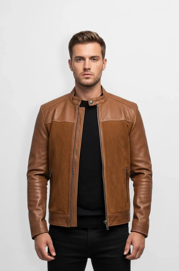 Classic Brown Suede Leather Bomber Jacket Front view
