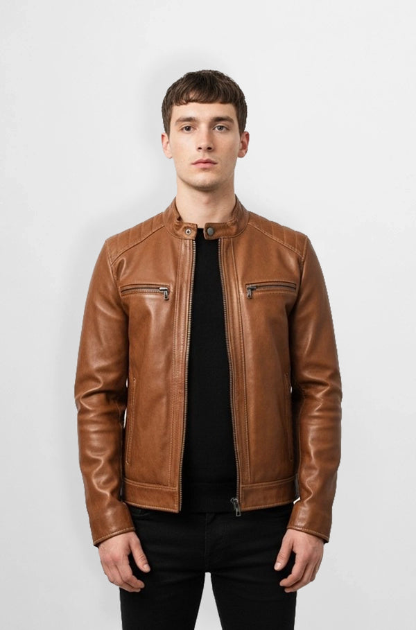 Classic Cognac Brown Leather Biker Jacket Front view