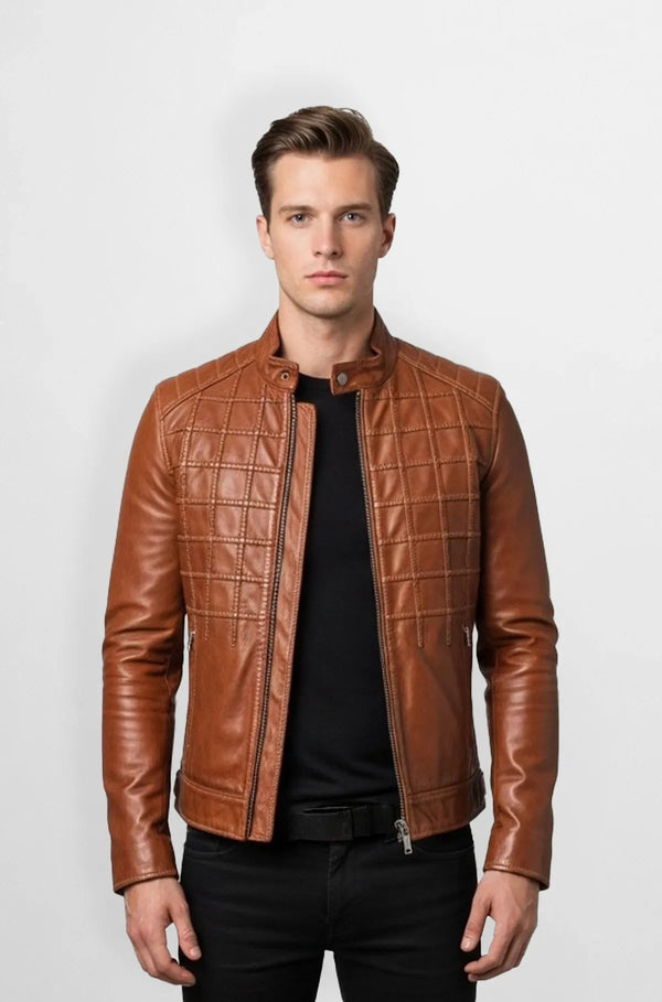 Cognac Brown Leather Bomber Jacket Front view