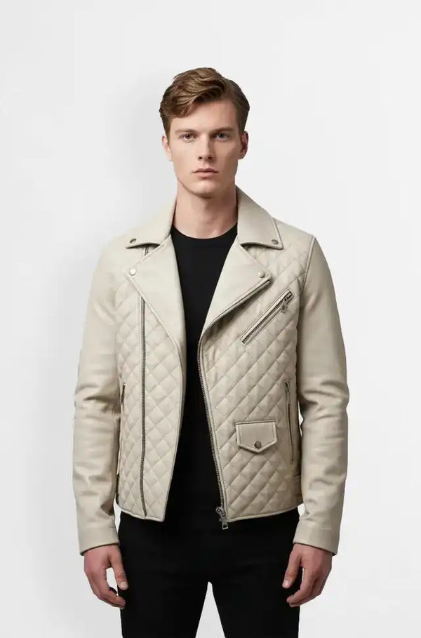 Cream Quilted Leather Biker Jacket Front view