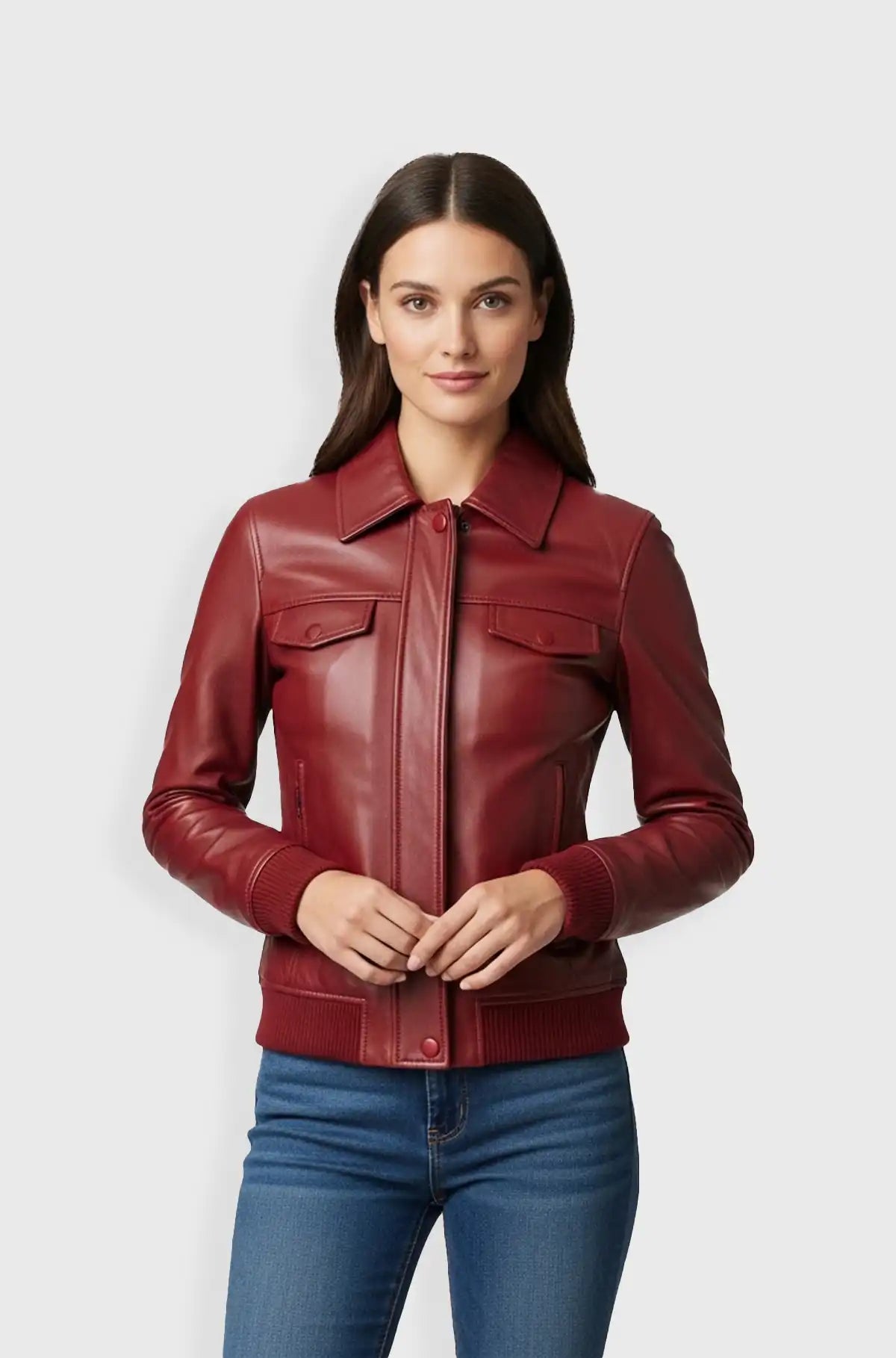 Crimson Charm Bomber Leather Jacket