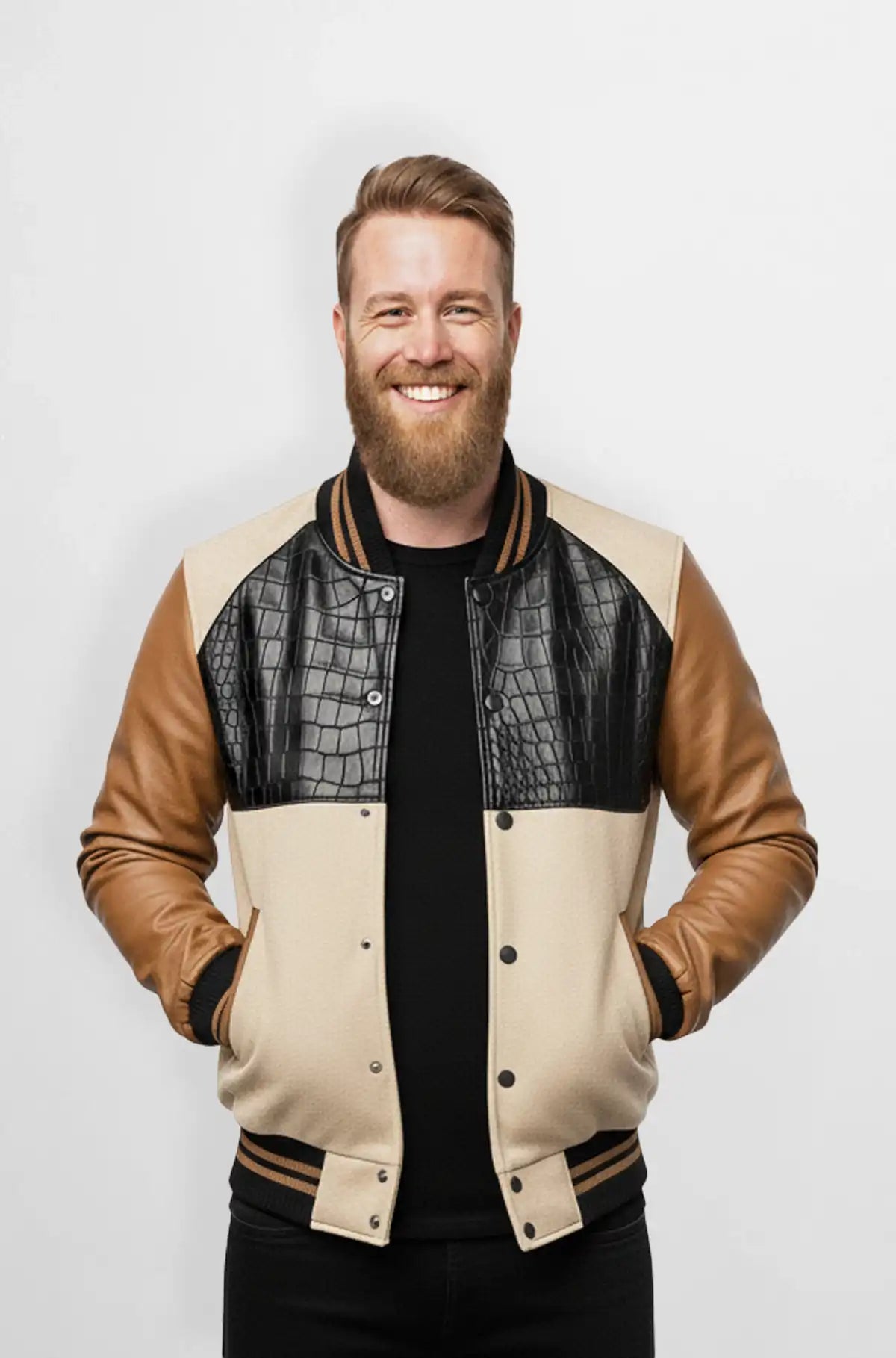 Crocodile Panel Varsity Leather Jacket for Men