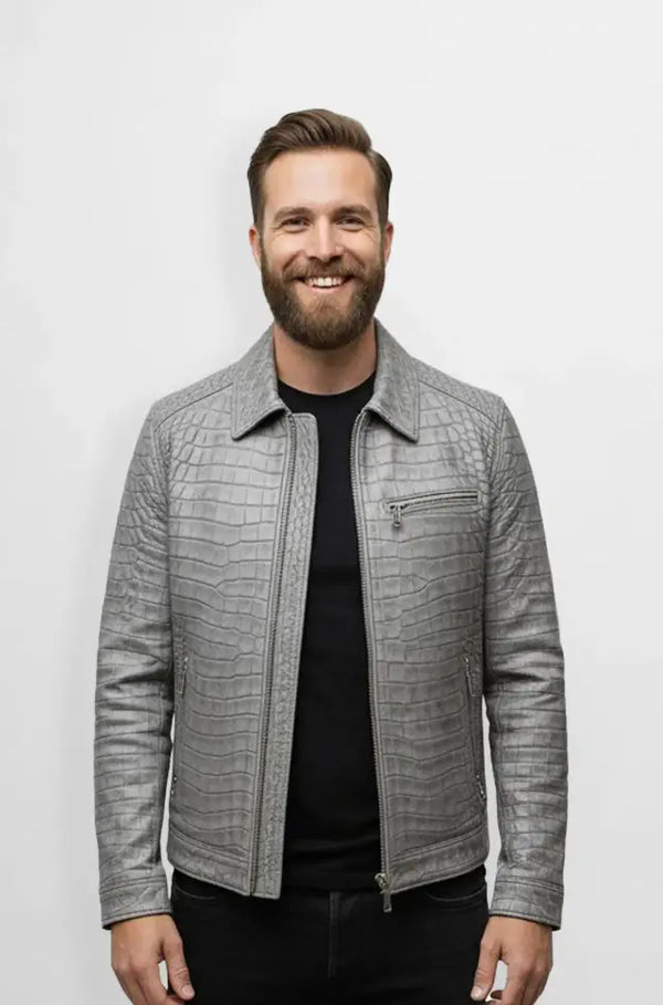 Croc Patterned Grey Leather Bomber Jacket