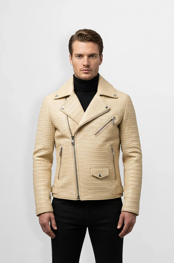 Crocodile Embossed Beige Leather Biker Jacket