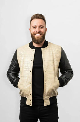 Crocodile Embossed Bomber Leather Jacket