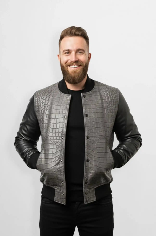 Crocodile Patterned Bomber Jacket in Grey and Black