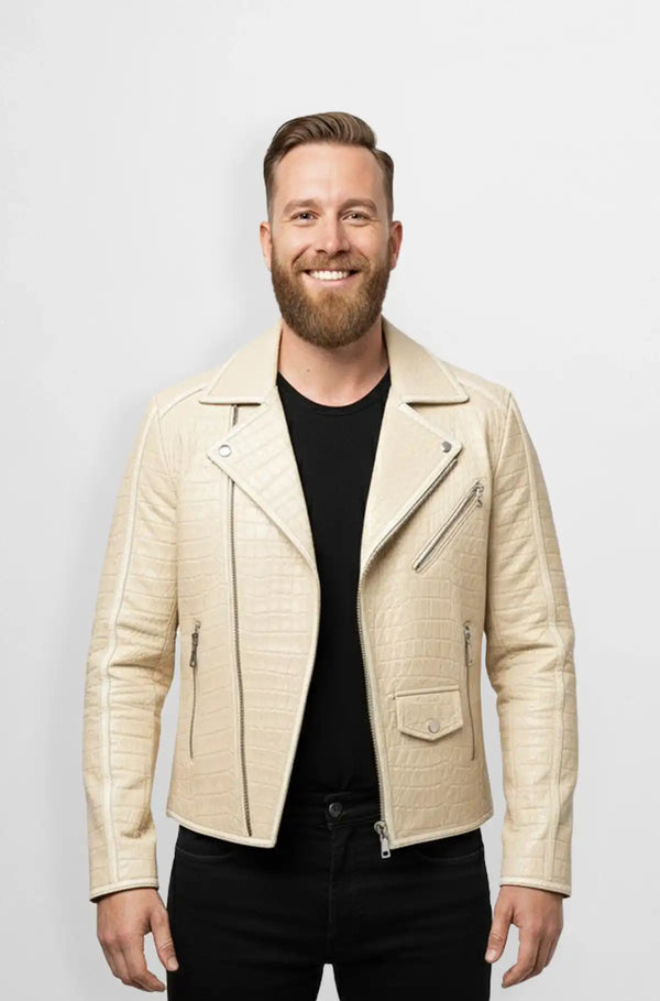 Crocodile Print Beige and Black Biker Leather Jacket
