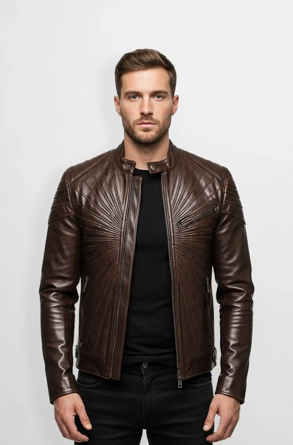 Dark Brown Leather Quilted Biker Jacket Front view